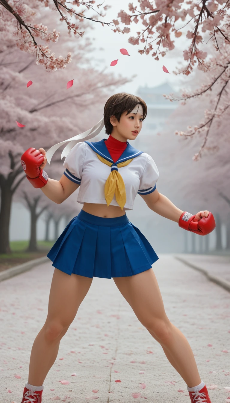 (Masterpiece), (Best Quality), Ultra High Definition, Professional Artwork, Ultra Detailed, Complex, Detailed Face, Perfect Lighting, 1girle, Solo, Sakura Kasugano, Brown Eyes, Brown Hair, Short Hair, Bangs, Ahoge, Katyusha, Serafuk, Puffy Sleeves, Crop Top, Yellow Neckerchief, Pleated Skirt, Fingerless Gloves, Thighs, White Socks, Red Footwear, Fighting Stance, Punching, Light muscles, foot focus, cowboy shot, from below, (50mm), (high accuracy: 1.2), (face detail: 1.2), detail,_ eye, (gradient), (ambient light: 1.3), (film composition: 1.3), (JC: 1), accent lighting, high definition cg unity 8k wallpaper, original, hdtv, (perfect_anatomy: 1.2), solo, Wide shots, torn clothes, tattered clothes, disheveled hair, tired and weak face, bleeding lips, (perfect body, perfect, perfect thighs), wet body, sweaty body, dirty and bloody skin, bruises on the face and body, blood flowing from head and face, injuries, damage, muddy feet, muddy skin, dirty, muddy, complex and cinematic appearance, cinematic soft light, sharp focus