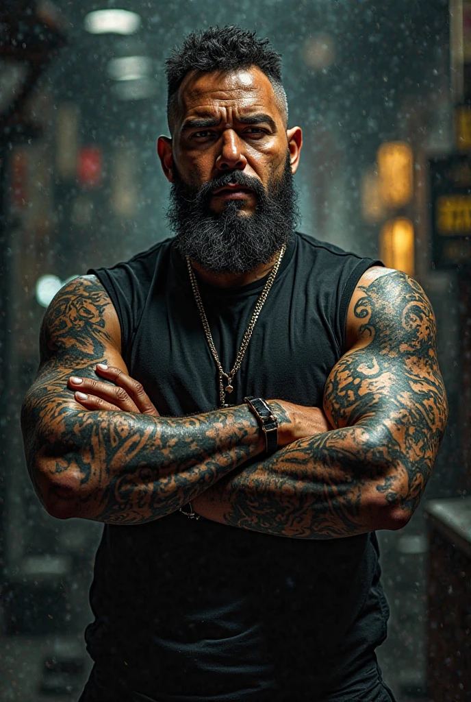 40 year old man, with tattoos, He has a rosary tattooed around his neck, full beard and short hair, very well endowed, dark skin, He only wore black socks