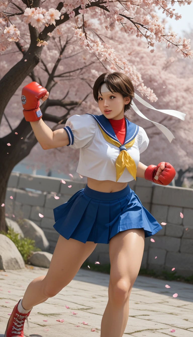 (masterpiece), (best quality), ultra high res, professional artwork, ultra detailed, intricate, detailed face, perfect lighting, 1girl, kasugano sakura, brown eyes, brown hair, short hair, bangs, ahoge, headband, serafuku, puffy sleeves, crop top, yellow neckerchief, pleated skirt, fingerless gloves, thighs, white socks, red footwear, fighting stance, punching, (cowboy shot, far shot), cherry blossoms, falling petals, beautiful background