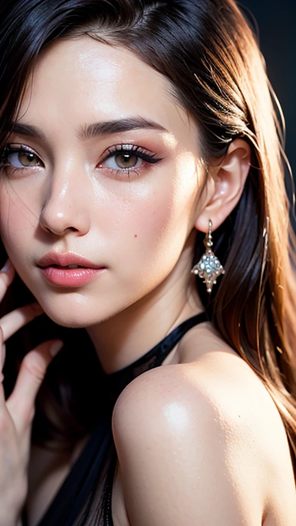 (A devilishly beautiful madam who runs a high-class brothel and sells useless prostitutes to organ brokers.),nsfw, masterpiece, best quality, ccurate, UHD, retina, super detail, award winning, highres, anatomically correct, (photorealistic:1.4),RAW photo,(soft saturation:1.3),(fair skin:1.2),textured skin, 8k,1girl solo, mature adult woman, beautiful evil MILF, Evil and sneaky sexy female, (perfectly beautiful woman, perfectly beautiful face, perfectly beautiful eyes, perfectly beautiful nose, perfectly beautiful nostrils, perfectly beautiful lips),(Chestnut hair tied up on top of head),(eye reflection:1.3, solid circle eyes, ringed eyes, pupils sparkling:1.2, long eyelashes, amber eyes),(crystal earrings, makeup), sleepy, parted lips, bored, jitome, seductive smile,dark red lips,(glossy lips:1.5,lip reflection:1.5), Collarbones, cleavage, sagging huge breasts, shoulder-baring silk purple dress