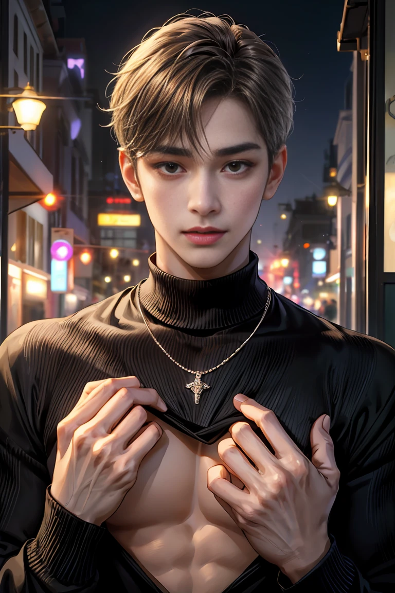 1boy,11 only、(Man's :2),Golden spiked hair、 Collar,tattooed、Upper body naked、Moon Night 、Shibuya's main street、Lots of neon、traffic jam、Large crowds,hightquality、masutepiece,8K,