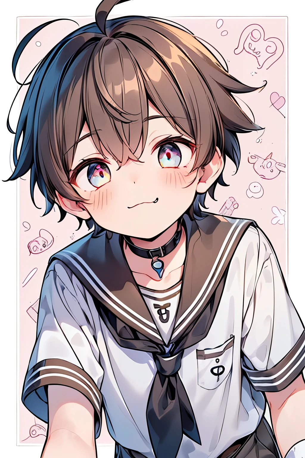 ((1-boy:1.3)),((handsome:1.2)),((solo:1.1)),(ahoge:1.3),((brown hair:1.2)),((pastel marblecolor eyes:1.25)),skinny body,((sailor fashion:1.2)),((eerily glowing eyes:1.3)),((Cropped sailor:1.1)),((slacks:1.15)),((baggy (white) socks:1.2)),((brown loafer:1.25)),((A filled with pleasure:1.1)),((ecstatic expression:1.1)),((:3, smile:1.15)),((open your mouth:1.15)),((Evil:1.35)),((close up face:1.1)),((Collar:1.2)),((check pattern background:1.2)),