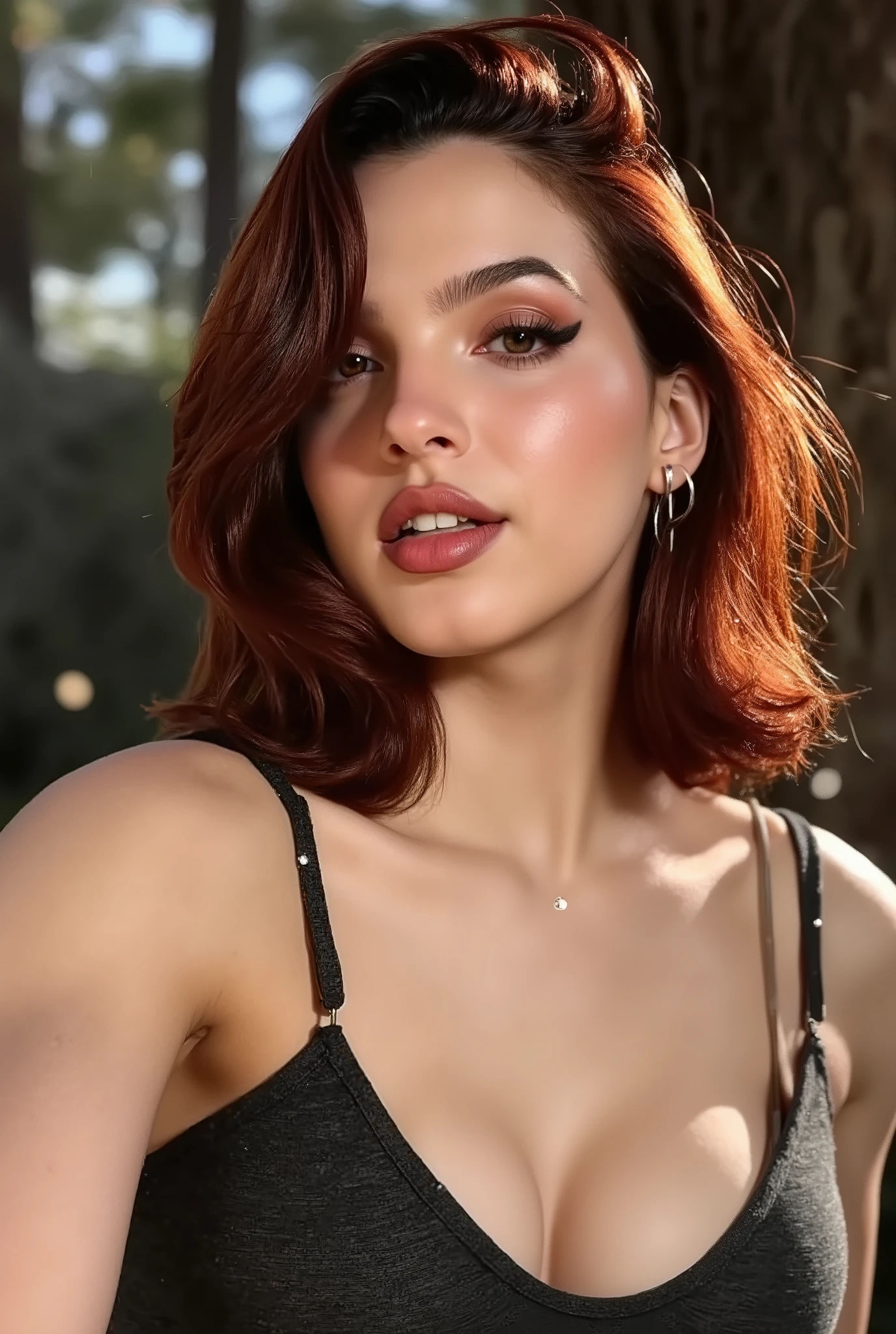 sexy missbrisolo, detailed close-up portrait, elegant fashion model pose, alluring expression, flawless skin, piercing gaze, flowing hair, graceful neck, delicate features, sensual lips, high-quality, photorealistic, masterpiece, cinematic lighting, dramatic atmosphere, fantasy forest background, shimmering particles, golden hour, professional cosmetics, high-end fashion, ultra-detailed,4K,HDR