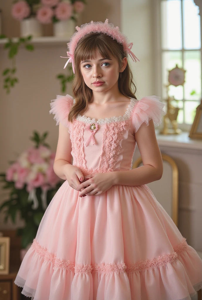 a -yeld lie girl with light blue eyes in a long pink princess dress in a room