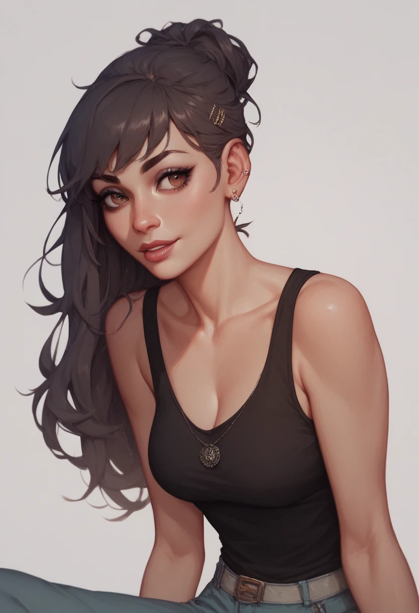 "A woman with long, dark hair and a bindi on her forehead is seen wearing a beige and black bra. She has a calm and confident expression, looking directly at the camera. The background is softly blurred, highlighting the subject's features."