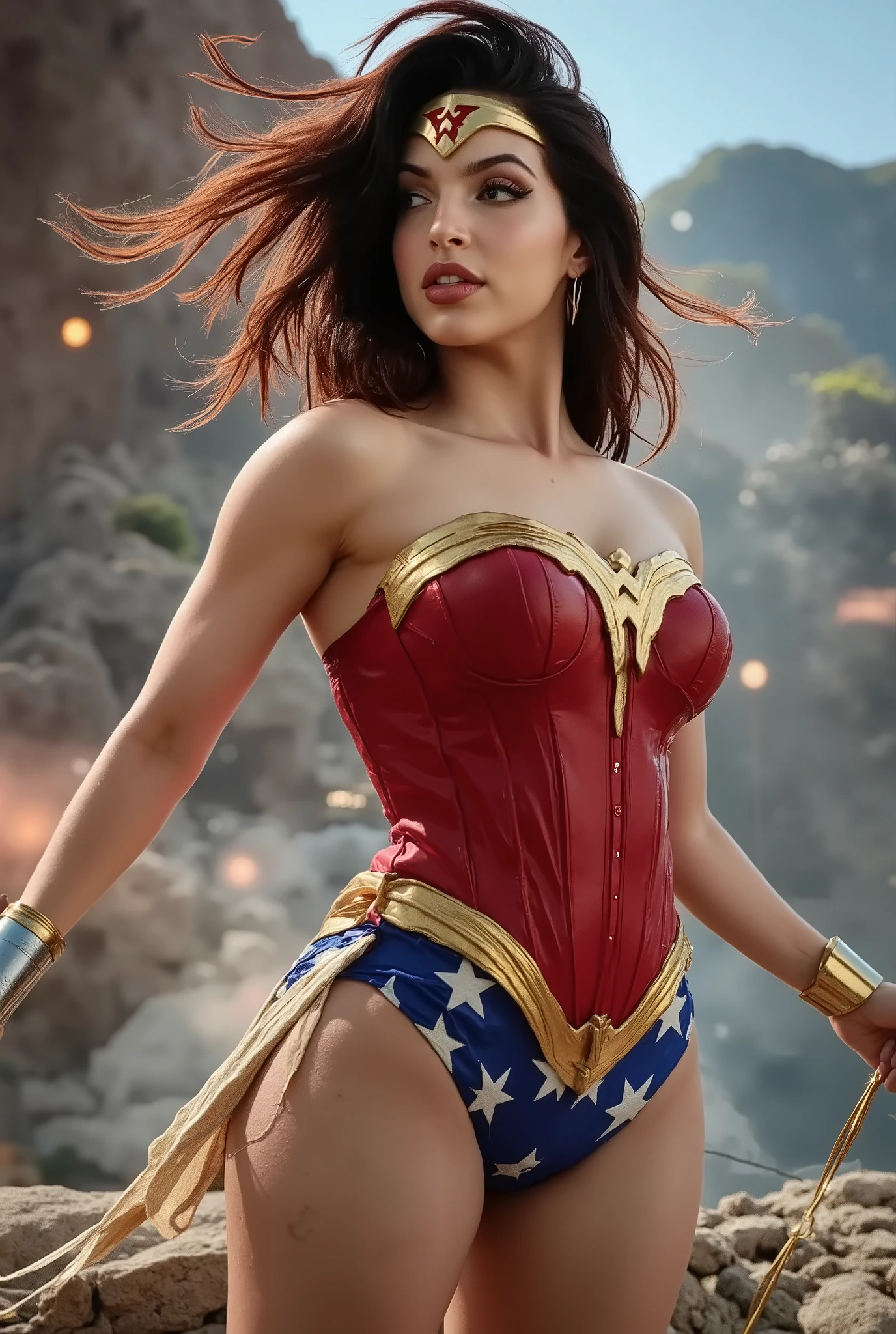 sexy_wonder_woman_cosplay,detailed_facial_features,confident_expression,heroic_pose,flowing_hair,golden_lasso,bulletproof_bracelets,4k_resolution,photorealistic,professional_lighting,dramatic_studio_lighting,dynamic_action_scene,fantastical_environment,mythical_landscape,glowing_energy_effects,cinematic_composition,vibrant_colors,masterpiece