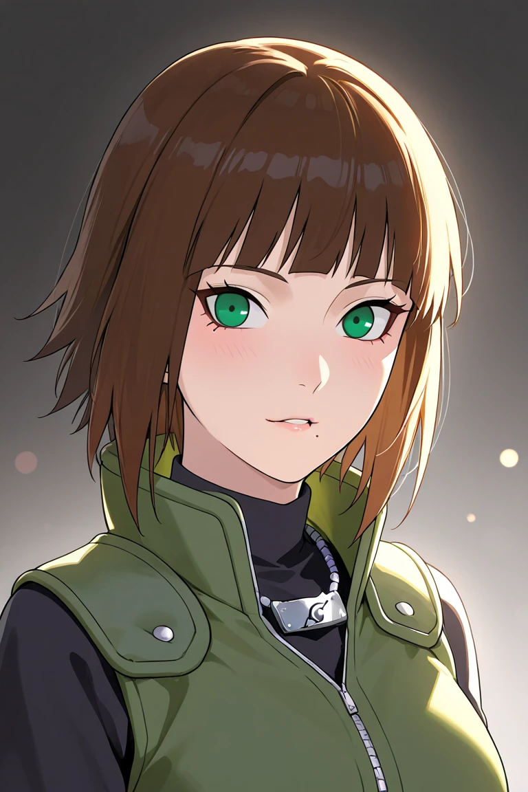 girl, Brown hair, square haircut, With a bang, Purple winter jacket with green sweater inside, arms crossed, slightly serious expression, big eyes, White gloves, Blue eyes, anime, 4k