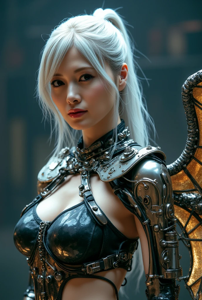 top-quality、​masterpiece、超A high resolution、(Photorealsitic:1.4)、Raw photo、Battle Cyborg Angel、large wings made of metal、White porcelain body、Acrylic Clear Cover、white  hair、glowy skin、1 Cyborg Girl、((super realistic details))、portlate、globalillumination、Shadow、octan render、8K、ultrasharp、character edge light,Colossal tits、Raw skin is exposed in cleavage、Details of complex ornaments、Double Zeta Gundam details、Hydraulic cylinder、Small LED lamp、highly intricate detail、Realistic light、a purple eye、radiant eyes、Facing the camera、neon details、cowboy  shot、Futuristic headgear、About Cyberpunk、、