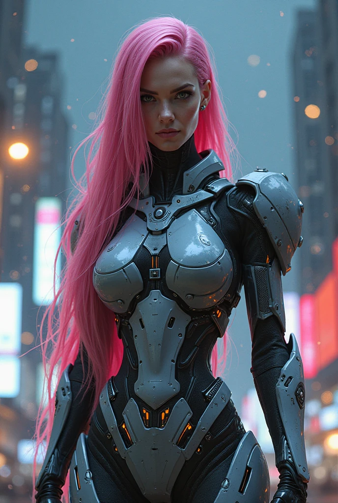 very attractive girl with long wavy bright pink hair, （arafed woman in a silver bodysuit walking down a city street, beautiful alluring female cyborg, beautiful female cyborg, retrofuturistic female android, beautiful female android, beutiful girl cyborg, fashionable futuristic woman, beautiful cyborg woman, beautiful cyborg girl, beutiful white girl cyborg, female cyborg, cyborg woman, perfect cyborg female, young lady cyborg