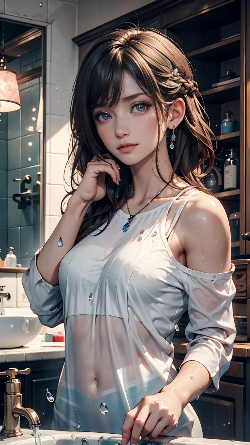 masterpiece, best quality, very detailed, high resolution, expensive resolution, high resolution, 4K, 8k, Unity 8k wallpaper, highly detailed CG, masterpiece, 2D, 3D, beautiful details, depth, fine texture, best quality: 1.3, perfect focus, crisp skin, him,rain, wet, wet closhes : 1.2
very cute anime girl, (bra showing through white blouse soaked in pouring rain), large breasts, expensive brown hair , one girl, rain, (raindrops dripping from soaked hair, bra showing through thin blouse soaked in rain), mole under eye, looking at viewer, expensive, blush, mole, open lips, heart, pink eyes, choker white transparent bra