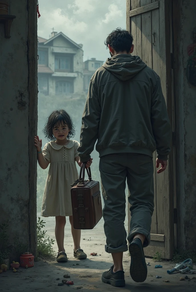 The image shows an overhead view of a korean family of four standing on a cracked, desolate sandy street under a giant shadow. The family, consisting of a father, mother, and two children, looks up towards the camera. The father, dressed in a dark jacket, is carrying the youngest boy child in his arms, while the mother, wearing a light brown jacket, stands beside them holding the oldest son's shoulder. The atmosphere is ominous, with dark shadows and debris scattered in the air, adding to the sense of danger and foreboding. The background shows a city in decay, with dilapidated buildings and a barren landscape. Large, dark strokes, possibly representing wind or sound effects, are drawn across the image, amplifying the tension and unease.