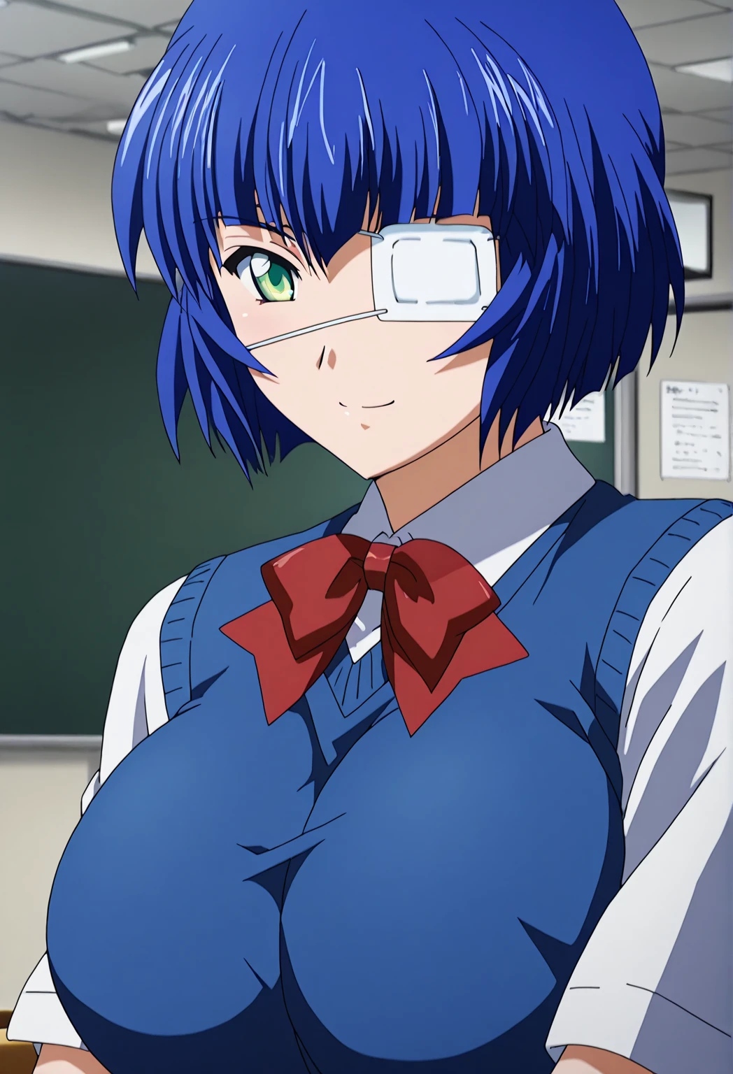 score_9, score_8_up, score_7_up,   source_anime, anime screencap, complicated details, , short hair, stupid hair,  lantern,  medical eye patch,   green eyes, Big Breasts,  school uniform, smile,  Viewer,  close-up, classroom, RED TIE, blue dress,   shirt, unbuttoned   shirt, Chest for Men, sitting at table, sexy pose、((Blue hair color))