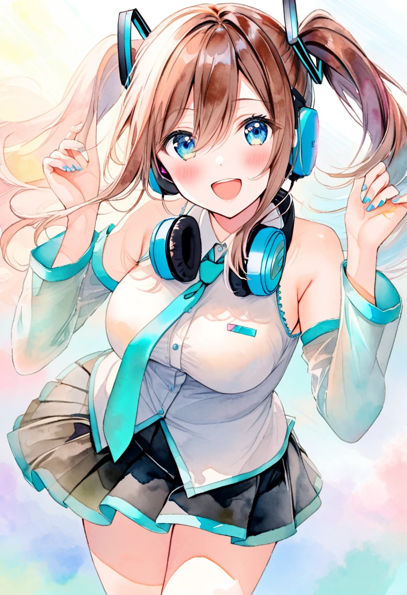 1girl, alone, miku nakano,masterpiece,best quality,highres,ultra-detailed,long hair,bangs, long hair, bangs, blue eyes, brown hair, shirt, hair between eyes, headphones, headphones around neck,  arge breasts,(sweater:1.2),(turtleneck:1.2),street,smile,standing,(sleeveless:1.4),arm_behind_head,arms_up,cowboy shot,big breasts, medium waist, wide hips, medium thighs,looking at viewer, point of view (from below), cowboy shot, dutch angle, perfect hands, perfect anatomy