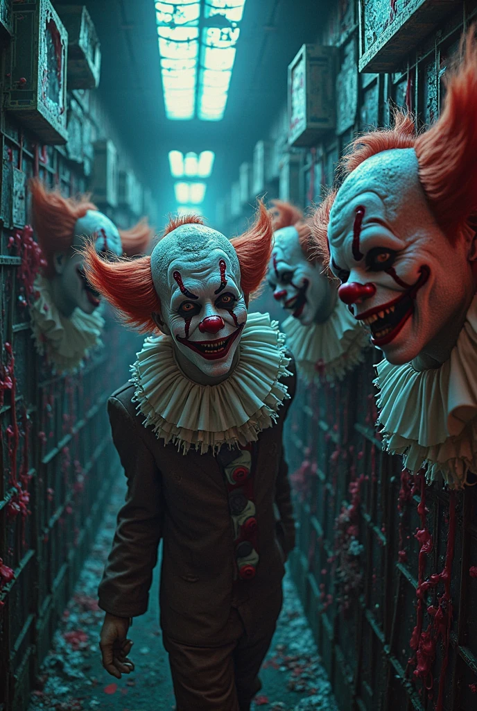 The image depicts five terrifying and diabolical clowns, each with a distinct facial shape, makeup style, and hairstyle, ensuring no two look alike. One clown has a long, gaunt face with jagged, cracked makeup and wild, straight hair stained with blood. Another has a round, bloated face with smudged, exaggerated features and curly hair streaked with red. A third clown features a sharp, angular face, with makeup resembling shattered glass and slicked-back hair soaked in blood. The fourth has a wide, flat face with a grotesque, stretched grin, wearing patchy, frizzy hair that is matted with blood. The fifth clown has a narrow, elongated face with dripping, runny makeup and spiky hair, also stained with blood. Each clown’s costume is drenched and stained with blood, as they laugh and celebrate together, savoring the act of violence they have committed. Their unique appearances enhance the atmosphere of absolute terror, with cruelty and pure evil evident in each one. The scene is marked by chaotic and sinister energy, capturing the essence of killers who revel in their crimes