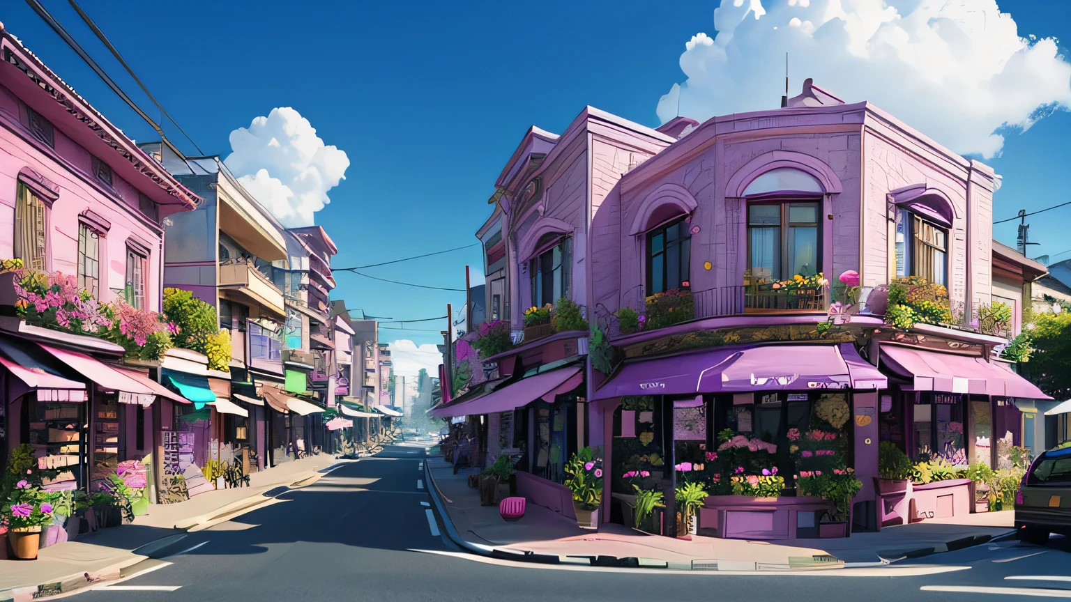Streetscape with flower shops, boulevard buildings are pink blue、Purple、Orchid plant、Flower shop left and right