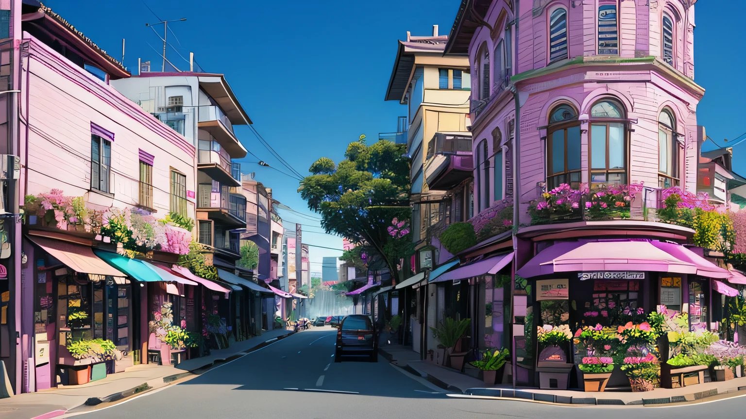 Streetscape with flower shops, boulevard buildings are pink blue、Purple、Orchid plant、Flower shop left and right