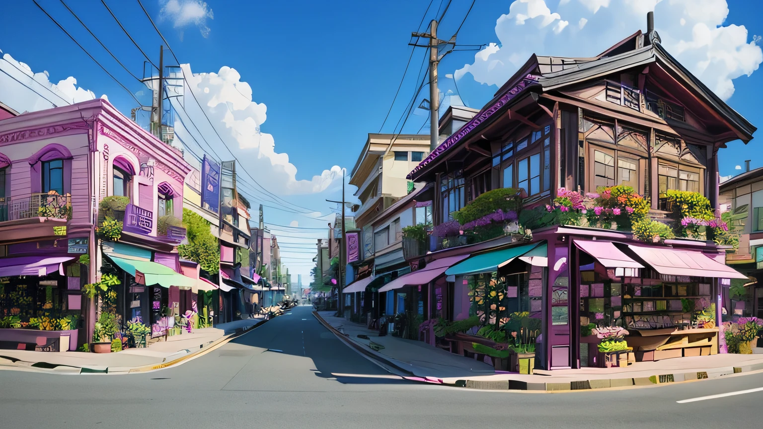 Streetscape with flower shops, boulevard buildings are pink blue、Purple、Orchid plant、Flower shop left and right