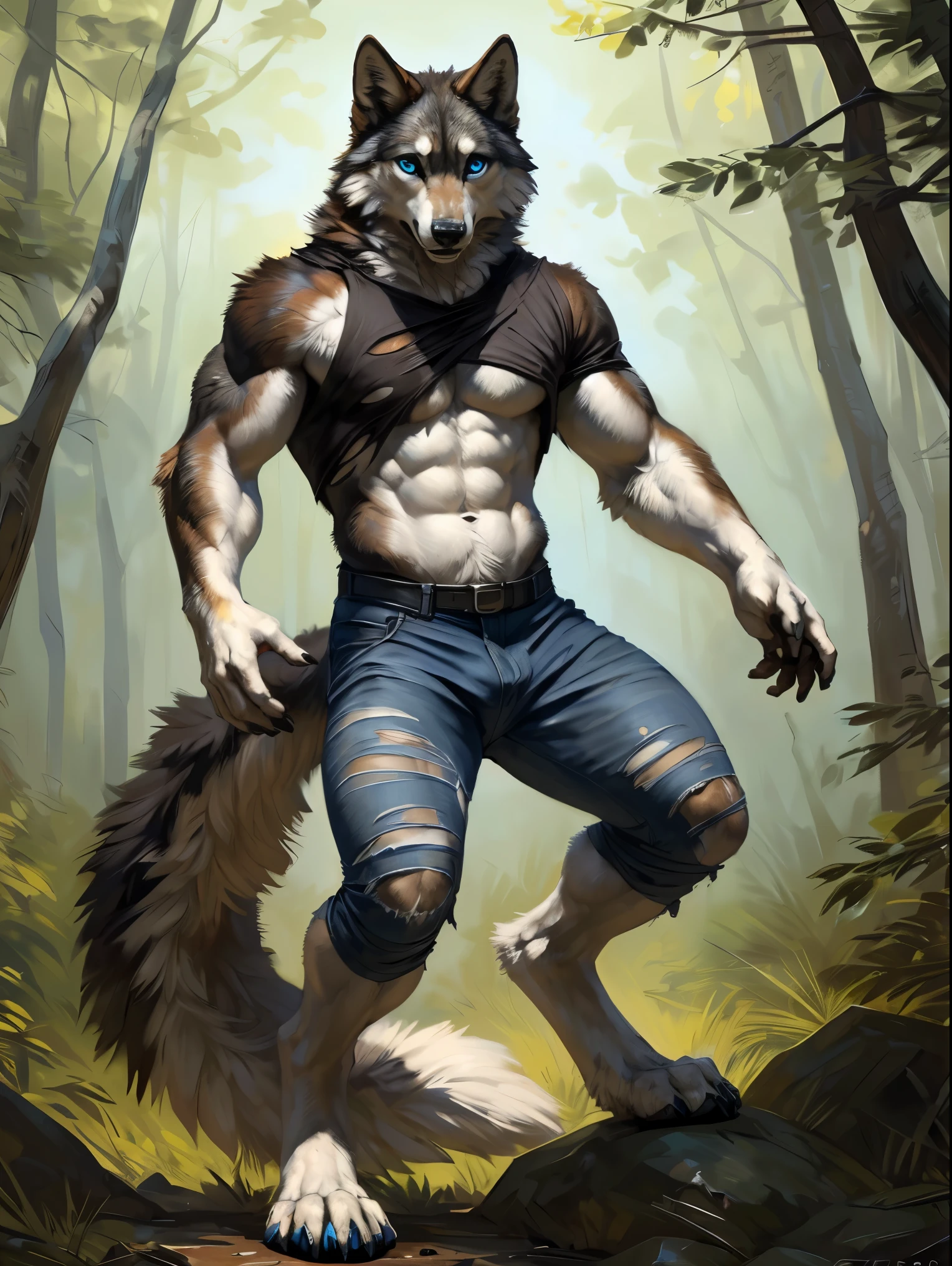 male fluffy wolf transformation, (Multi-colored fur, White-brown:1.3,White tail pointed), ((Wolf face, Big eyes, White eyelids, Blue pupil, Slim:1.2), illustration, solo, abs, pecs, concentrated expression, masculine body, masterpiece, best art, full body, digitigrade, by oouna, by taran fiddler, torn pants, torn shirt, detailed hands, tall, detailed eyes, large tail, detailed torso, forest, pain expression, transformation