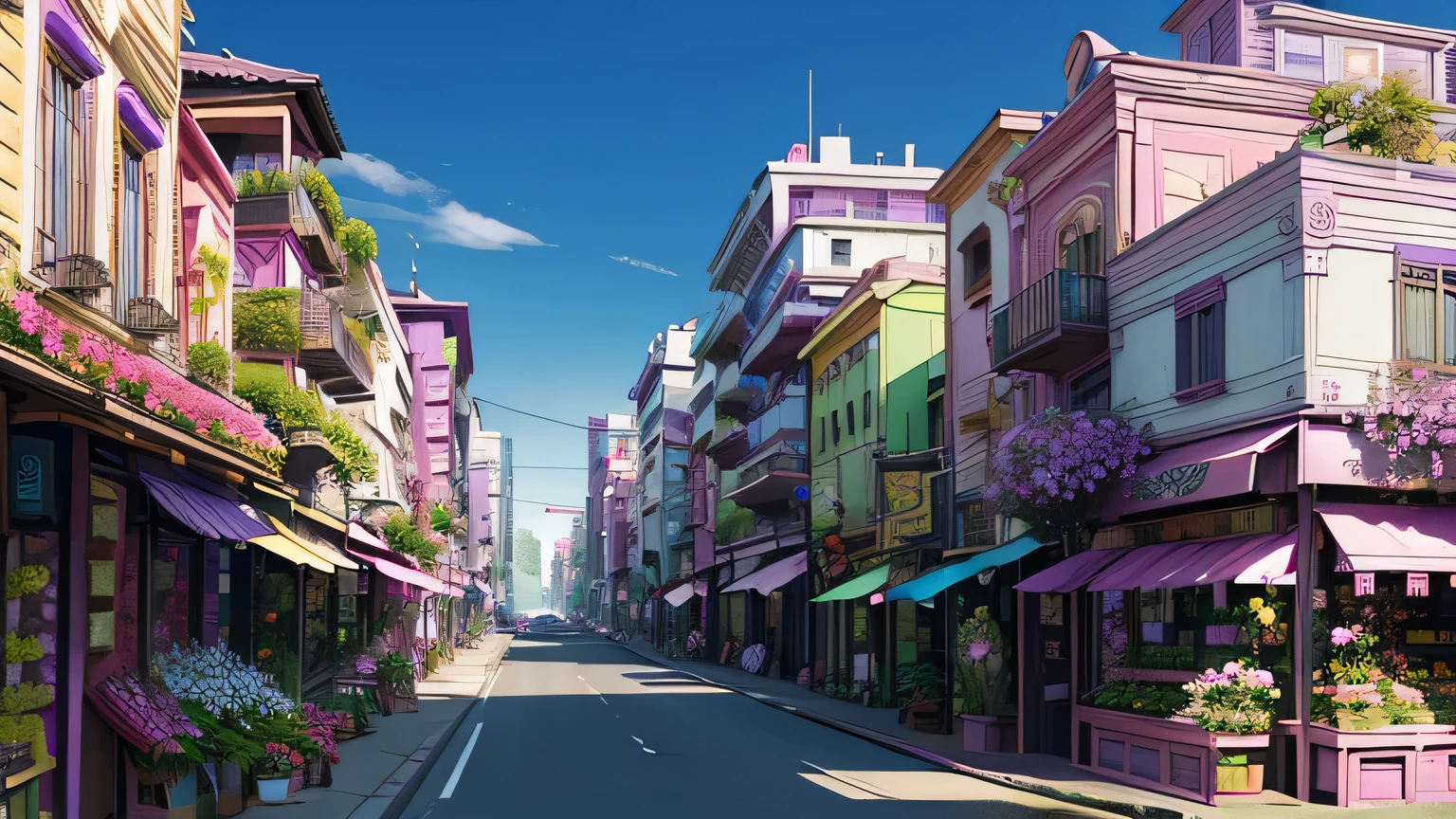 Streetscape with flower shops, boulevard buildings are pink blue、Purple、Orchid plant、Flower shop left and right
