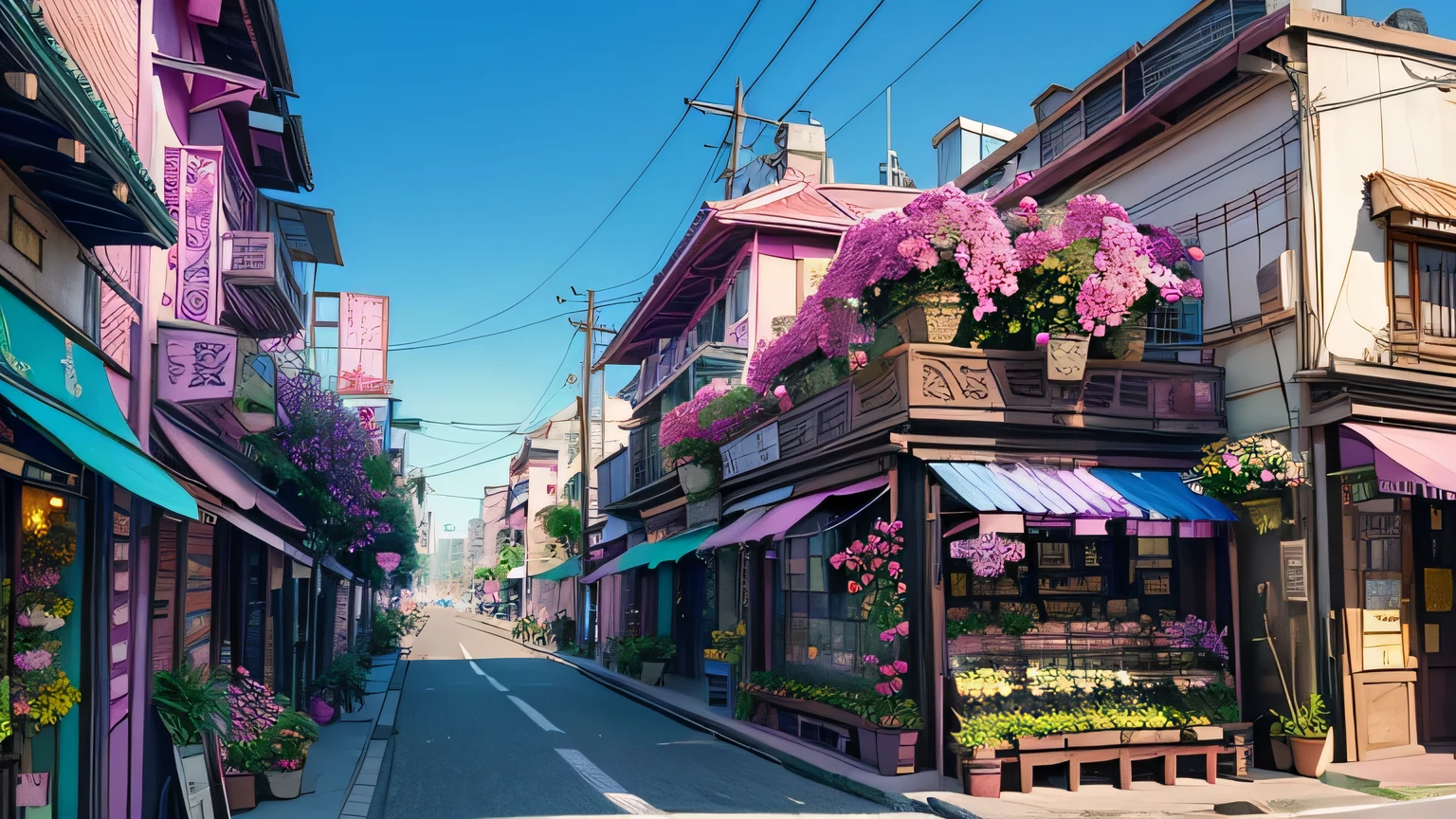 Streetscape with flower shops, boulevard buildings are pink blue、Purple、Orchid plant