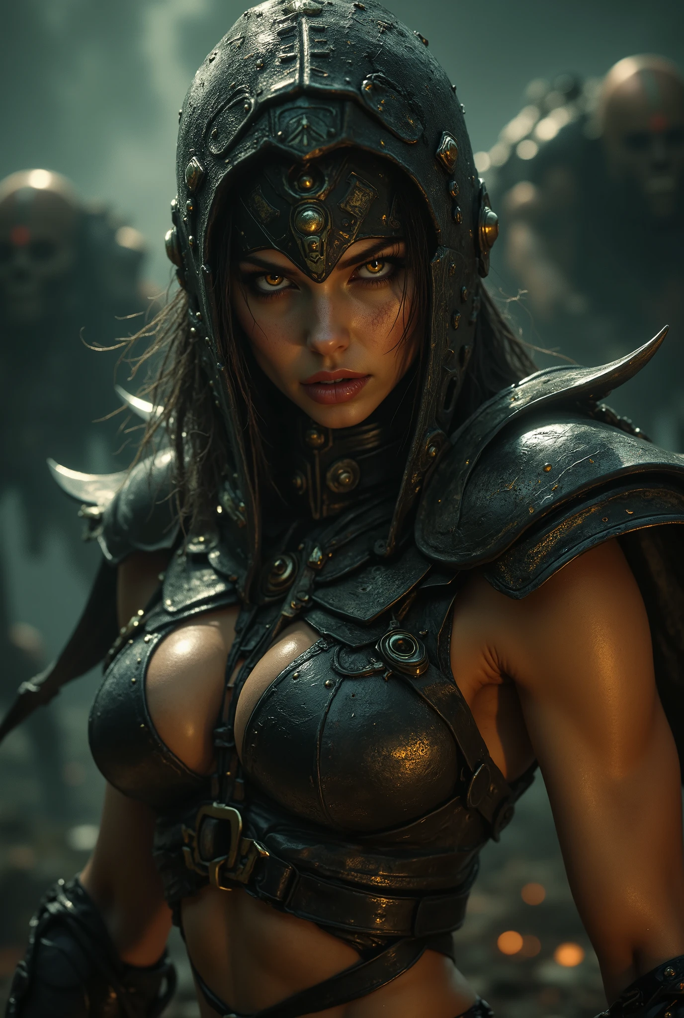 (masterpiece), best quality, expressive eyes, perfect face, detailed eyes, dark fantasy, Margot, dystopian world, dystopian warrior, cleavage, black and gold outfit, massive snoopy breast, badass woman, sensual , upper body