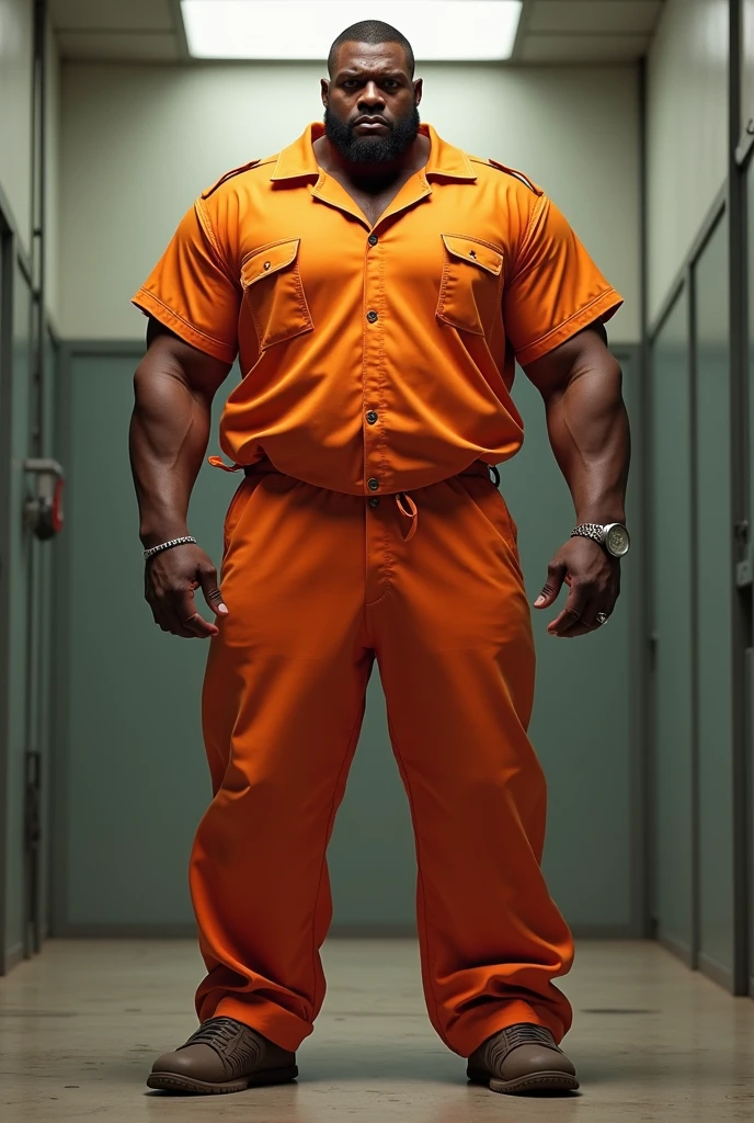 Michael Clarke Duncan, big black tall muscular man, muscular legs, big bulge, shiny sweaty skin, wearing tight denim onesie dungaree, shirtless, no shoes, standing, prison cell