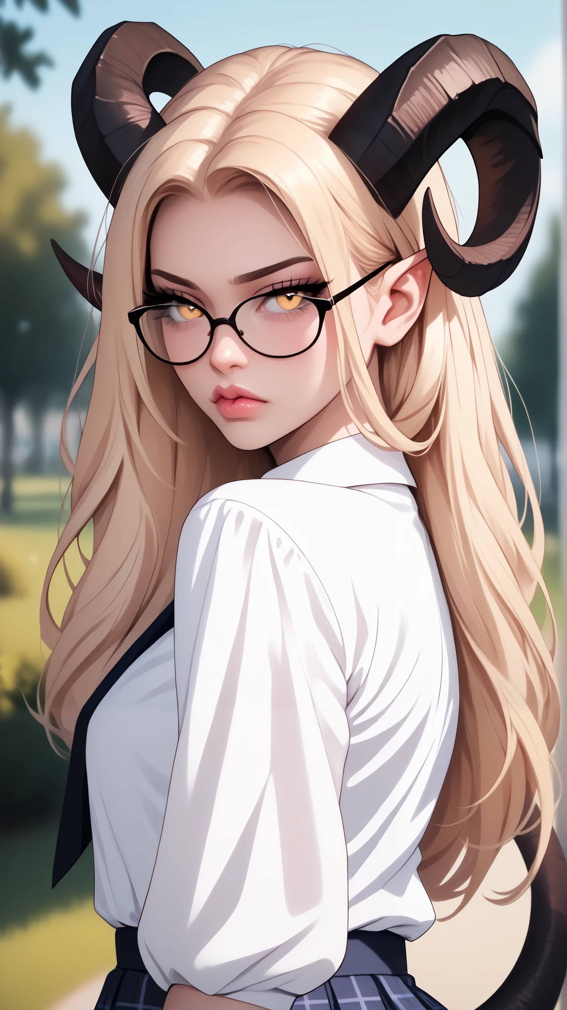 beautiful, high quality, tiefling, tail , sadness, cute face, black big horns, yellow eyes, blonde, glasses, white blouse, school , blurred background, posing, realistic natural light, pink detailed lips, long lashes , good anatomy, seductive look, skirt