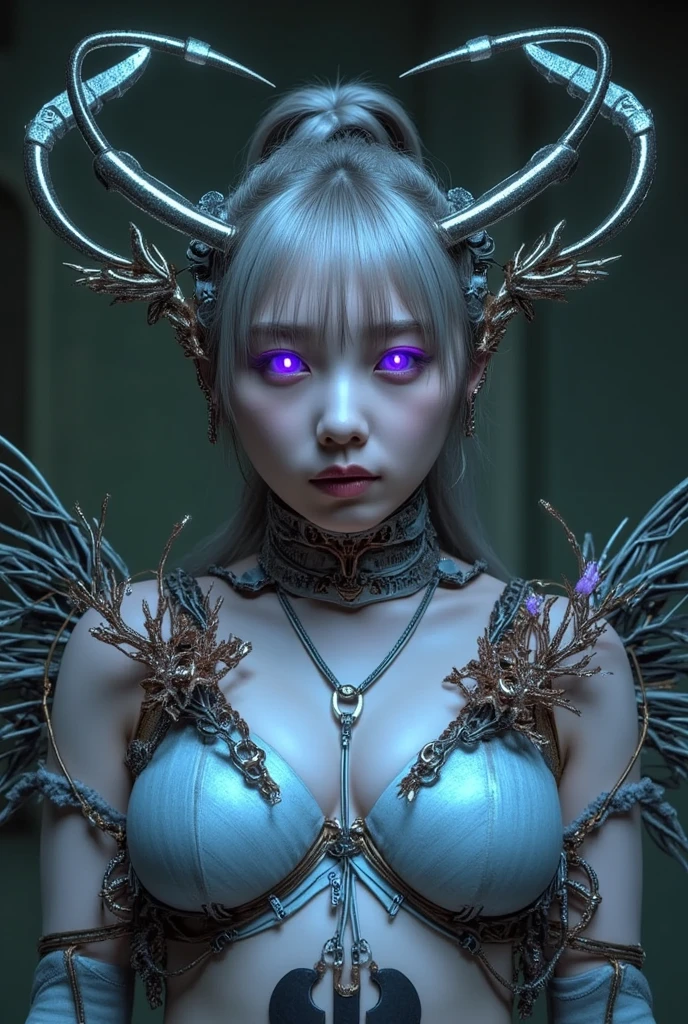 (1 beautiful and obscene female alien:1.4), (There is a female genital-like organ in the middle of her forehead:1.95), She has medusa-like hair, (there are lots of translucent tentacles from her head like her hair:1.5), (vulgarity1.7), (she is looking at viewers with glowing red eyes with no pupils:1.6), (She has translucent pale skin:1.4),(She has the most beautiful face in the history of the universe:1.2), (She has multiple bioluminescent organs on the side of her tentacles:1.4), (Her body is covered with an iridescent exoskeleton:1.4), (She is showing her arm pits:1.6), an evil gaze that seduces, (looking down at viewers:1.4),(Vampire-like long canine teeth can be glimpsed through the gap between the cute lips:1.4) (bio luminescent:1.4), (Smile wickedly:1.3), (sexypose, standing:1.4), fullbody, dynamic pose, alien, No humans, cells are fused, extraterrestrial, cell, bio image, ultra high resolution, (photos realistic:1.7), (Numerous award-winning masterpieces, with incredible detail, textures and maximum detail), Dramatic Lighting, cinematic quality, (exquisite details:1.2), High freshness, drawing faithfully, (Thick eyebrows:1.2), Beautiful eyes with fine symmetry,(Highly detailed face and eyes:1.2),(Super detailed skin quality feeling:1.4), perfect anatomy, (Beautiful toned body:1.5), (Moist skin:1.2), not wearing makeup, (dark circles:1.1), long canines, cinematic drawing of characters, cinematic quality, (exquisite details:1.2), high resolution, High freshness, drawing faithfully, official art, Unity 8K Wall paper, ultra detailed artistic photography, midnight aura, unreal engine 5, Ultra Sharp Focus, art by Amano Yoshitaka, ArtGerm, ultra realistic realism, dream-like, Creation of fantasy, dream Snail, (biopunk nautilus:1.3),Thrilling color schemes, seductively smiling, Amazing mutation, well-proportioned body, goddess of the deep sea, fractal, Geometric pattern, impossible figures, subtle emerald green accents, (expression of ecstasy:1.4)