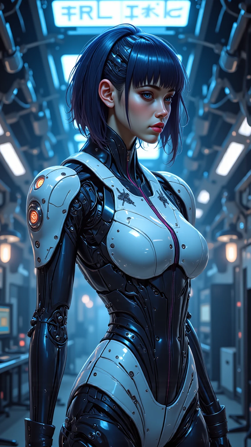 ghost in the shell kusanagi corpo escultural, numa maquina com cabos e fios ligados,