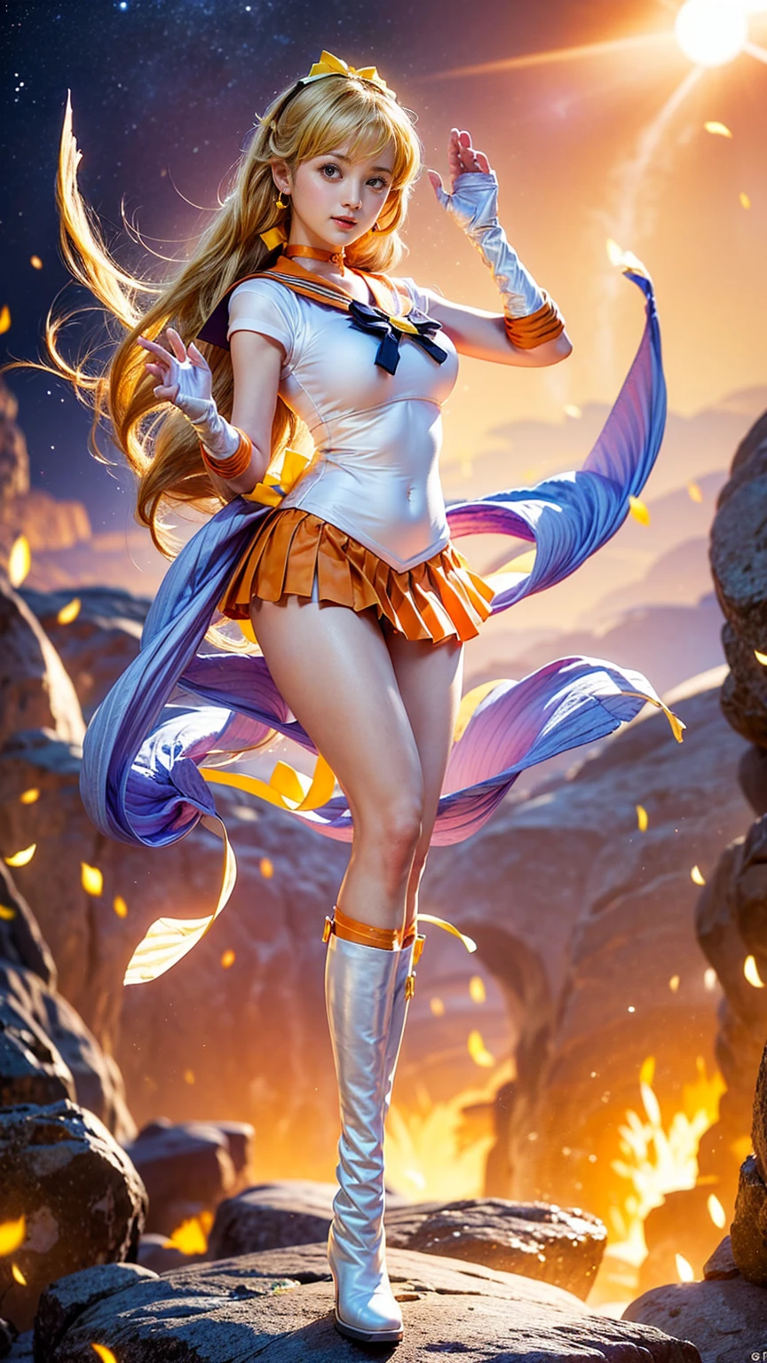 masterpiece, best quality, (1girl), supersailormoon, detailed face, smile, nigh sky, moonlight, moon, sakura trees, white gloves, detailed eyes, detailed face, fullbody, galazy background, gigantic breasts, giga_busty, back view from below