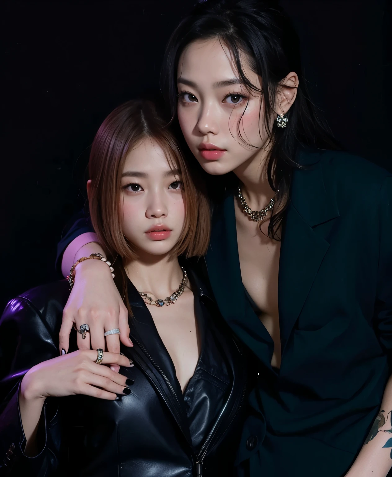Screenshot Boku no Hero Academia. japanese woman, pale skin, teenager with electric blue left eye and scarlet red right eye. long black hair, wear a beautiful dress, black and shiny, modern silver jewelry. shy, with narcissistic aura. night prom background, kissing Katsuki Bakugo on the lips, young man with ash blonde hair and ojirubi, wearing black tuxedo