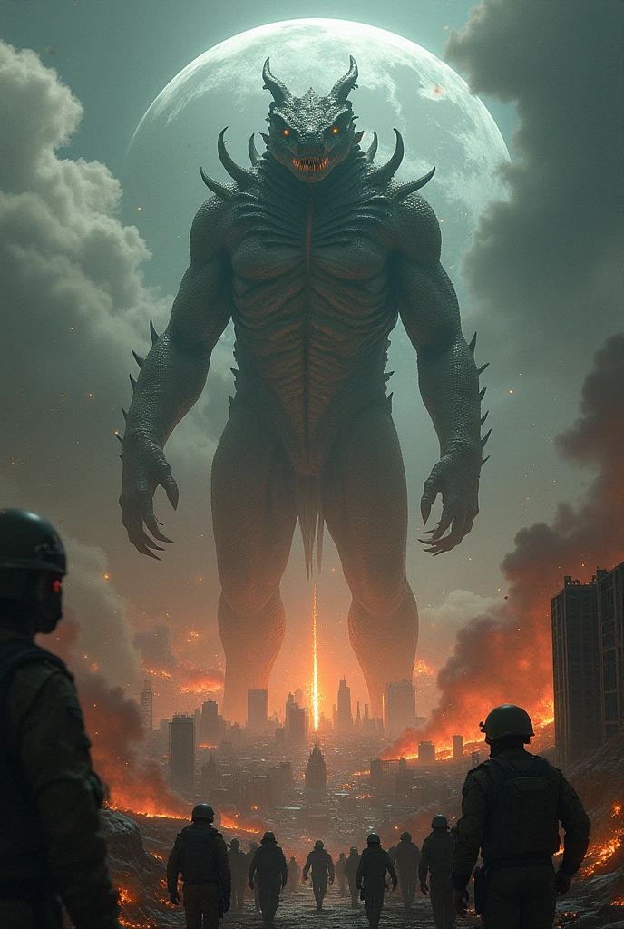a large scale war of highest grade indonesian soldier fighting with monsters in jakarta