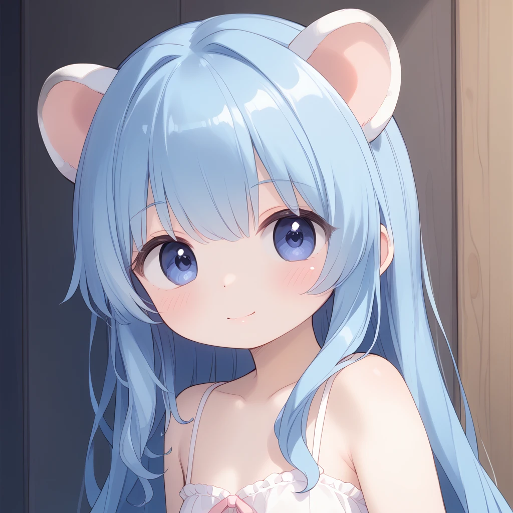 a close up of a lop ears rabbit lying down , 1girl, animal ears, solo, thighhighs, breasts, tail, hair ornament, shoulder cutout, :3, ahoge, v, (score_9,score_8_up,score_7_up), ncaaoo33, cute girl ,lop rabbit ears,medium hair,blue cute girl ,lop rabbit ears,blue hair,ahoge ,straight_hair ,crossed_bangs,blue eyes ,poolside,sundress,blue hair ribbon
