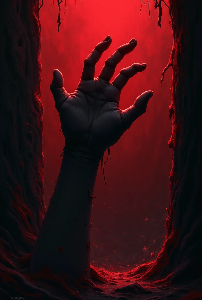 A bloody hand reaches towards the hole，dark deep pit，There is only a glimmer of light at the far entrance of the cave, Black and white, sketch