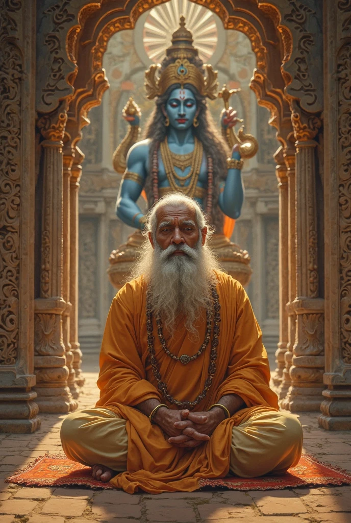 In a surreal dreamscape, a figure with an Aghori Brahmin-like appearance stands at the crossroads of ancient and modern worlds. His matted hair, defying gravity, flows in all directions, while the sacred thread around his neck twists intricately, reminiscent of a cosmic string. In one hand, he holds an open book representing the vastness of knowledge, its pages shimmering with vibrant, shifting colors. In the other, a sword, symbolizing strength and the ability to protect the wisdom of the past.

The background surrounding the scene is a blend of past and future, shifting between surreal landscapes that defy logic. The vibrant hues transition seam