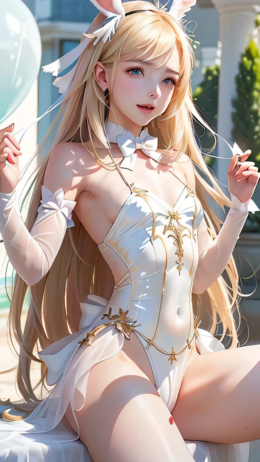 Best, Masterpiece, High Resolution, Best Quality, Ultra HD, Super Detail, Award-Limited, 16k, Solo, (Upper Body), Anatomically Correct, Beautiful Maiden, Cute Face, Highlights, Gradient Beige Hair, Hair Strands, ((Heterochromia)), Long Eyelashes, Hanging Eye Corners, Fair Skin, (Small), (Slim Body), ((French Clothing)), Stud Earrings, (Neck Rings), Very, Very Short Gloves