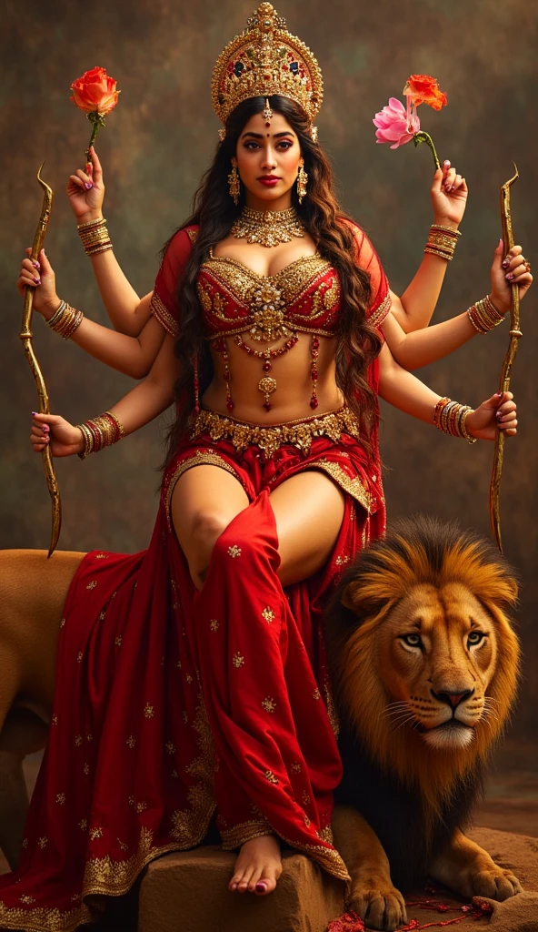 (Highly detailed), (Illustration), (Convoluted), (Beautiful face), (Attractive body), (Complete Body Picture), Modern Indian Goddess, (Transparent Red Sari), Dynamic Pose, God's Crown, (Lion Standing Nearby), Colorful, Eye-catching, Heavenly.
