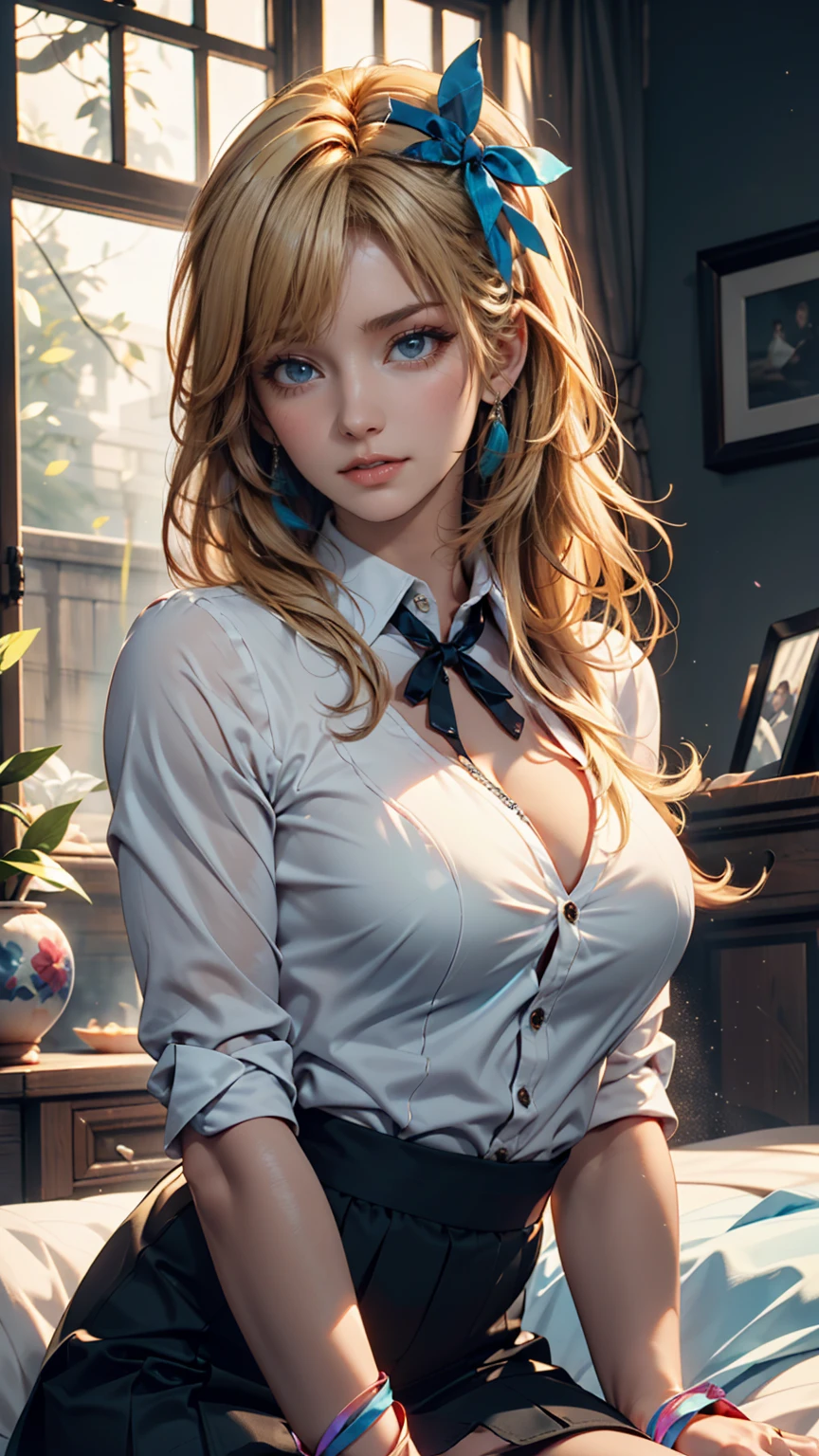 best quality, ultra high res, (photorealistic:1.4), 1girl, button shirt, black skirt, school, dark brown hair, small breasts cleavage, (blonde hair:1.2), looking at viewer, (highly detailed face:1.1),,  (PureErosFace_V1:0.8),tiktok,  