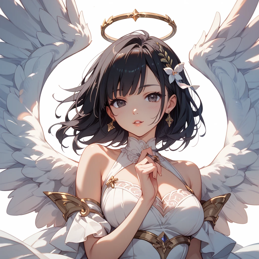 ((Highest quality)), ((masterpiece)), (detailed),((angel)),, Black Hair,(Childish face),((Straight Hair)), shiny hair, Girl ,Medium Breasts, ((Naked)),（topless）,Big wings,White Wings, (A pair of wings) , ((closed eyes)),half-smile , Sunlight, ((arched back)), (close_up) ,upper body ,hands on chest , ((pray)) ,(Cloud World), (In the sky),(Lots of bubbles),
