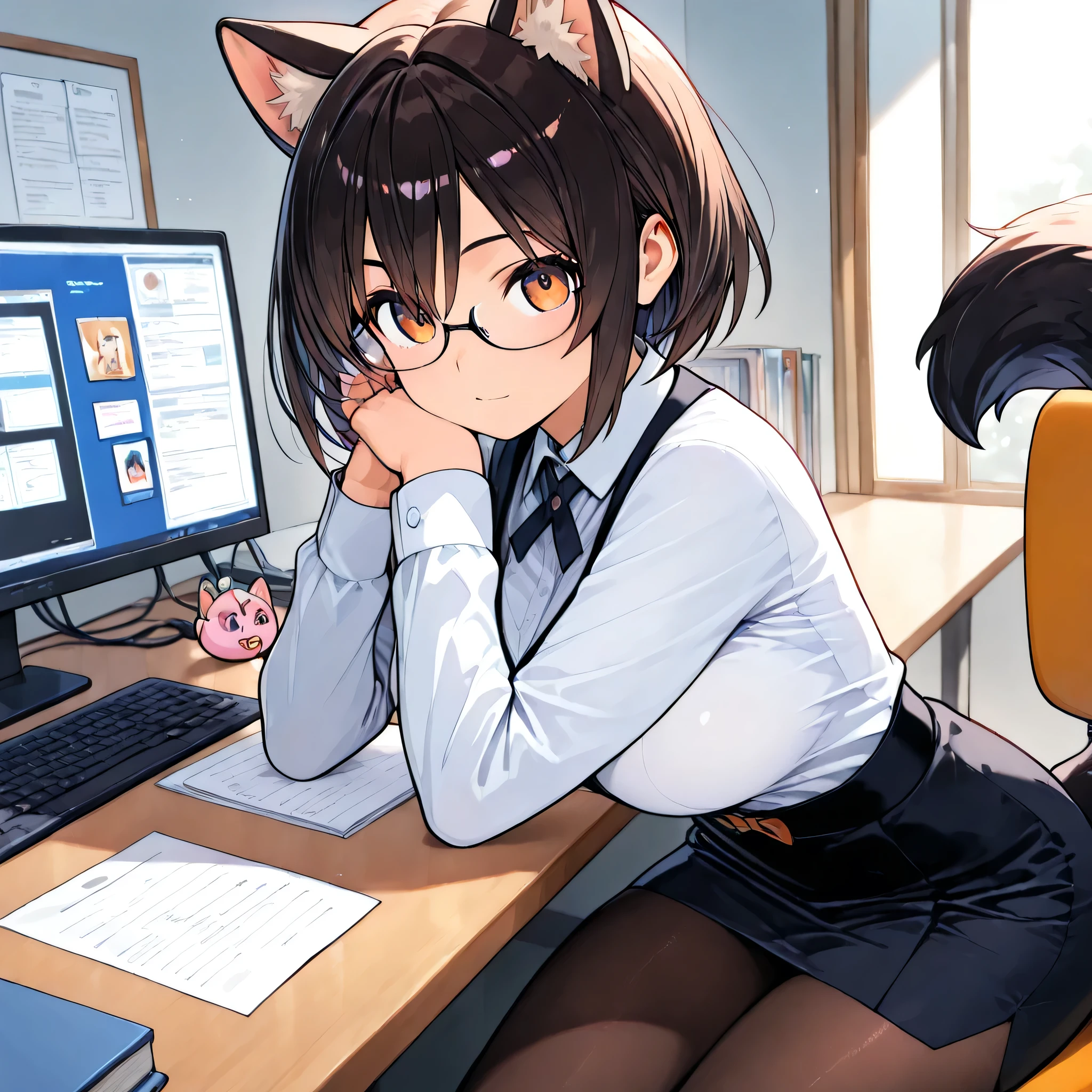 A Japanese career woman is working in a modern office. She is wearing stylish glasses, exuding intelligence and an alluring charm. Her professional attire enhances her confident and slightly mysterious aura. The office setting includes a sleek desk, a computer, and neatly arranged documents, reflecting an organized and sophisticated workspace. Her focused yet elegant expression suggests dedication and ambition in her work.