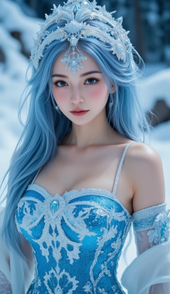 (highest quality、masterpiece、8K、best image quality、Award-winning work)、(gorgeous mermaid goddess:1.1)、(The most gorgeous and beautiful perfect mermaid princess:1.2)、(snow forestの中にある美しい池の中で泳ぐ人魚姫:1.3)、(The most extravagant transparent sleeves with the finest jewelery embellishments:1.1)、The most luxurious and finest goddess sleeves、(The most luxurious and highest quality giant tiara:1.1)、(The most luxurious and highest quality giant necklace:1.1)、(The most realistic texture of mermaid scales:1.2)、The perfect mermaid tail、Accurate mermaid tail、the most luxurious decoration、large amount of intricate gemstones、beautiful brown hair、Highly detailed and intricate iridescent scales,、(The most beautiful gradation of blue and purple scales:1.1)、(Complex gradation of blue and purple scales:1.1)、The most complex and detailed scale、The most realistic and complex scales、(Rainbow glowing scales:1.1)、slender and big breasts、the biggest smile looking at me、(雄大で美しいsnow forestの中:1.1)、skin as white as snow、glowing skin、elegant decoration、Diamond decoration、artistic decoration、dress with lots of jewels、Luxury beyond imagination、世界でthe most luxurious decoration、shining snow、Shining blizzard、Fantastic snowscape、Snow like a jewel、Diamond dust、The most realistic and complex background、Highly detailed and realistic background、(pure white skin:1.1)、Pure white makeup、(accurate anatomy:1.1)、キラキラと微細にshining snow、epic movie lighting、the most delicate sparkle of snow、tree covered with snow々、beautiful tree covered in snow々、(beautiful purple starry sky:1.1)、(fantastic starry sky:1.1)、(A starry sky over snowy mountains and a beautiful pond:1.1)、It's snowing、snow forest、(A mermaid swimming in a beautiful clear pond in the forest:1.3)、(snow forestの中の美しく輝く池の中にいる人魚:1.2)、(most romantic:1.1)、blurred background、portrait photography