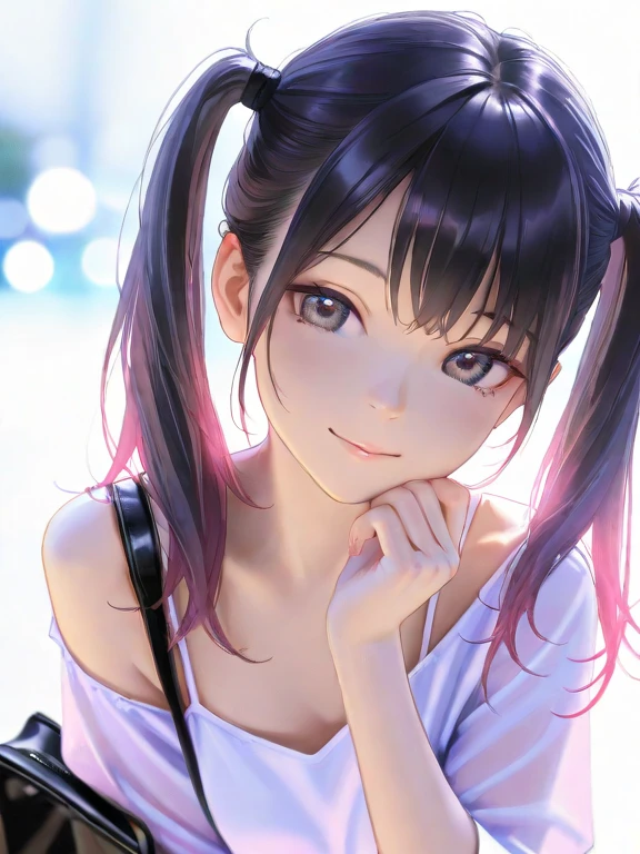 masterpiece, highest quality, One Girl, Thighs, beautiful girl, Flowers, たくさんの小さなflower, flower、Small waist, RAWphotograph,Bright lighting、Face Light, Ultra-realistic, High resolution, photograph, Sharp focus, Highly detailed eyes and face,Symmetrical face, whole body、Large Breasts、Long Hair、チラリと見えるThighs、Emphasized cleavage、Her hair was tied with a big red ribbon.、White high heels、White knit、race、White micro mini skirt、Embarrassed、smile、Happy smile