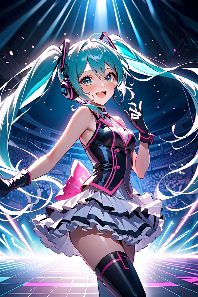 (((anime-style cute face)))、(((30-year-old woman))),(((Light blue twintails))),Highest quality, ((Sharp details)), (8k, RAW Photos, Highest quality, masterpiece), (looking at the camera),((((Cute Smile))))、Very big eyes、Sparkling eyes、(anatomically correct body)、((Good looking body balance))、Big thighs、The face is bright、Professional Lighting、Cute little breasts、The leather sailor suit is shiny black:1.8、Pink tie:1.5、Shoulder、Belly button、Long glossy black arm covers、Pink mini pleated skirt with lively frills:1.8、Pure white panties、Very long shiny black patent leather boots、Full body shot、Cute gesture posture、The hair ribbon is pink:1.5、Shot with a standard lens、The depth of the written world is shallow、Focus on the face、Photo studio、The costume fits the body very well、