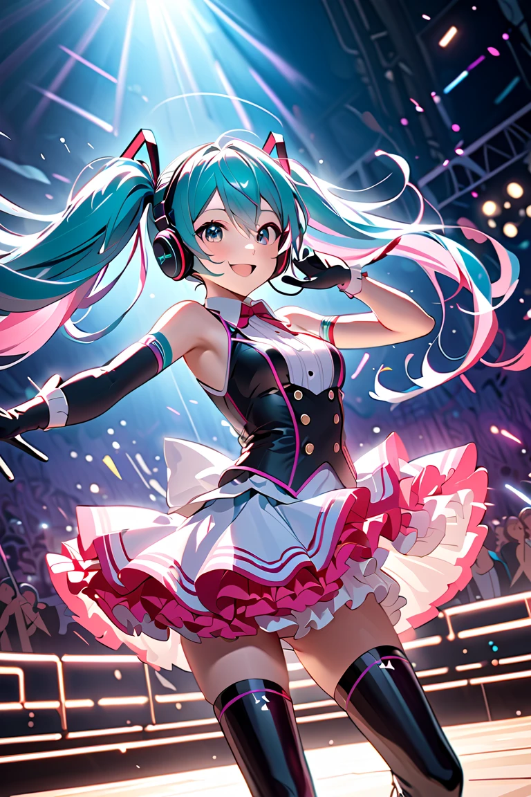 (Highest quality,8k,32K,masterpiece,Ultra-high resolution :1.2 ),born,One girl,Super cute,Natural light,Clear, shining eyes,20-year-old,Fair skin,News studio style digital world fantasy background,Silver hair,Pink costume like Hatsune Miku,Swimwear,bikini