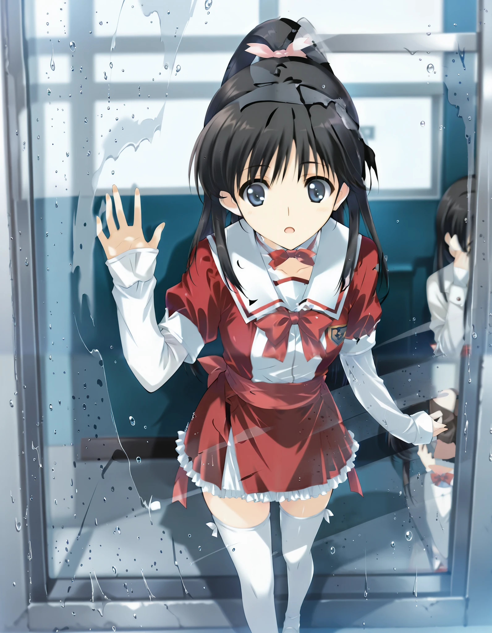 masterpiece,best quality,good quality,solo, anime coloring, ((sugiura_koharu)),sugiura_koharu\(white_album_2\),1girl,solo,black hair,ponytail,hair ribbon,blue eyes,open mouth,1girl,(((red and white jacket))),(sailor suit jacket),(multicolored jacket)((red bow tie)),((layered sleeves)),((sleeves past wrists)),((red sash)),((waist ribbon)),((red skirt)),((frilled_skirt)), ((white_thighhighs)),solo focus, full body, long shot,Dynamic pose,High solution,. her hair is floating in the air, Reflecting agile movements, Contrasting colors enhance the lively atmosphere of the scene, The speed effect of moving lines adds an anime touch to the action)), (((Motion Effect))), (Like a subtle blur),fighting stance,condensation, hand on glass, blurry, water drop,,(((melancholy)))