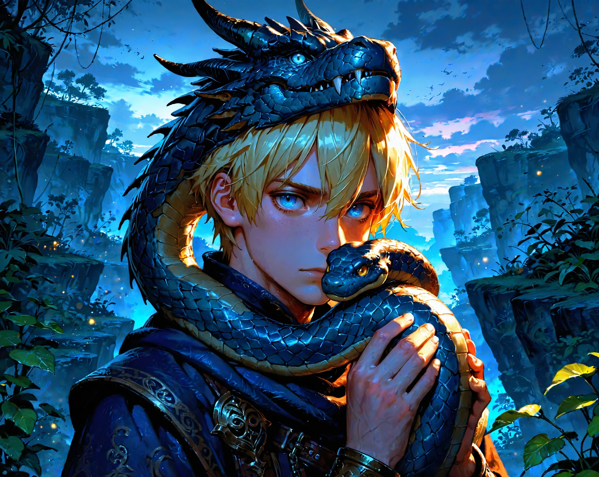 Eight-year-old boy，Dragon horns with Chinese dragons，Amber pupils，Dressed in gorgeous Hanfu，cute  face，length hair，Barefoot，The ankle is tied with a red cord，At this time, Obediently sitting on a stone in the middle of the sea