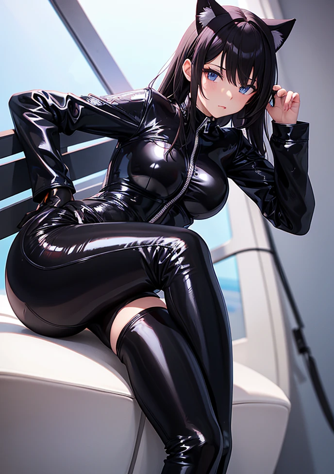 reading a book, super smile, ((masterpiece)), (photorealistic:1.4),1 girl,solo,unhappy,computer,office chair,night,night sky,office shot,office uniform,bodysuit,black suit,black skirt,black pantyhose,leather shoes,black hair,sitting on a chair