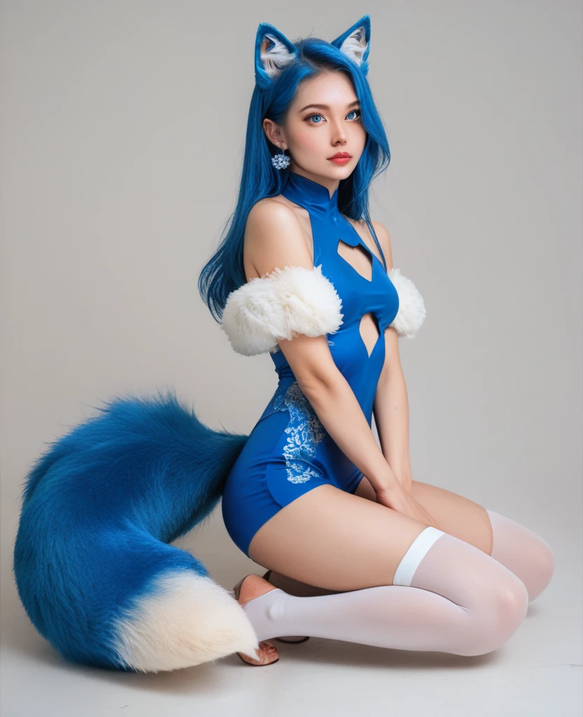 ((highest quality)), ((masterpiece)), (get used to it), perfect face, fox girl, Beautiful woman, public, A tail is growing, she has a fluffy tail, she has a fox tail, she shows her tail, smile, She wears a dress, beautiful hips, big breasts , big tail, Tail from One Piece