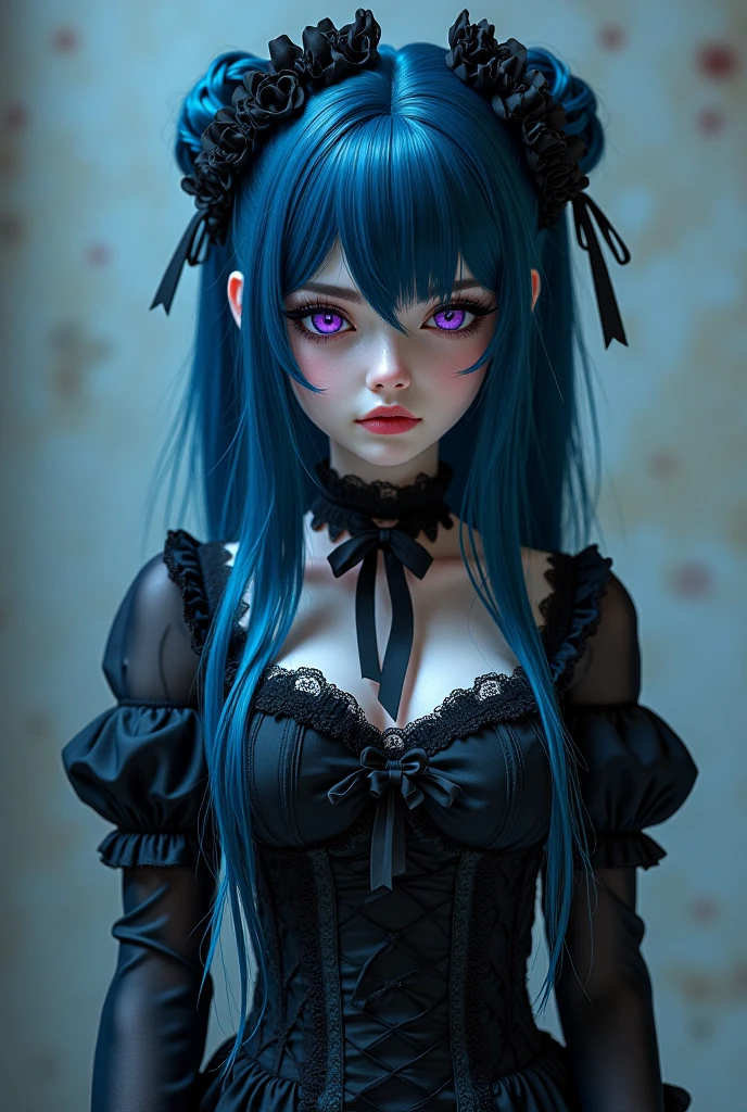 Baby Face　Sucking fingers　Beauty　Big Breasts　Gothic Lolita dress is messed up and her nipples are exposed　Pussy　Long, almost blue, black hair that looks motionless like a Kokeshi doll　Bangs are aligned in a straight line　A mature-looking person