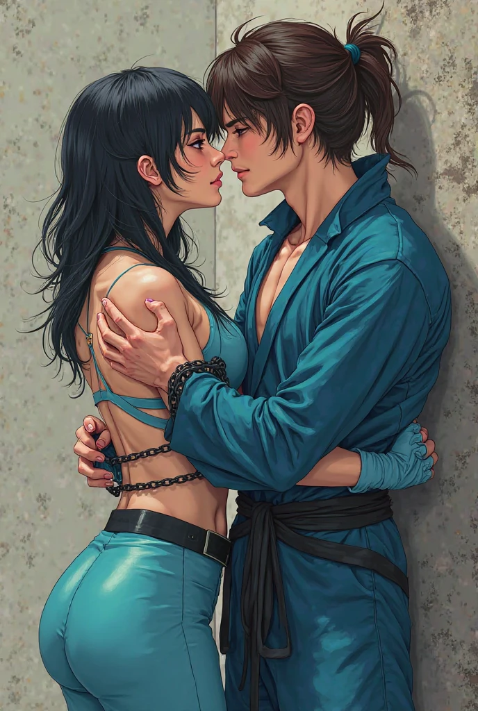 (Masterpiece, highly detailed, highly quality,  highly resolutions), duo, kayn and akali kiss, girl and boy kiss, kiss, kayn, 1boy, split theme, braided ponytail, topless male, armor, pauldrons, {{1girl, abs, arm tattoo, bangs, blouse, breasts, green shirt, hair between eyes, hip vent, long bangs, long hair, mask, midriff, ninja, ponytail, rope belt, belt pouch, shirt, solo, stomach tattoo, tattoo}} 